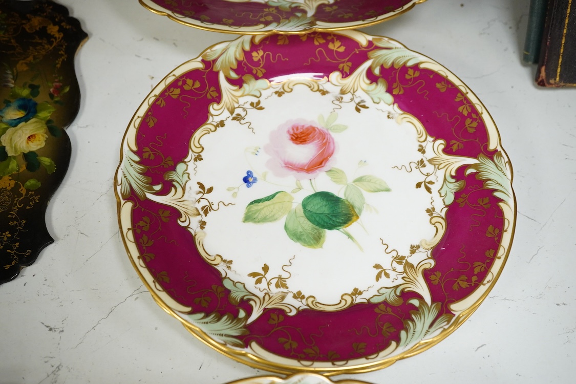 An early 19th century pearlware sprigged jug and four mid 19th century Ridgway flower painted dessert plates